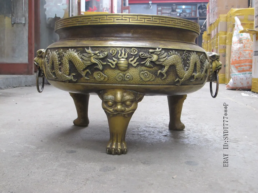 

26"Huge Tibet vintage brass saint Two dragon playing fire ball Lion Leg censer copper Decoration real Brass