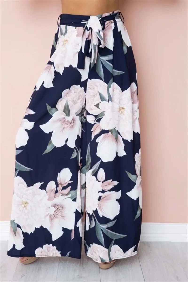 Casual High Waist Long Pant Sexy Floral Print Wide Leg Pants 2019 Summer Bohemian Elastic Waist Belt Beach Pants Casual High Waist Long Pant Sexy Floral Print Wide Leg Pants 2019 Summer Bohemian Elastic Waist Belt Beach Pants