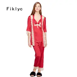 Fiklyc брендовые Длинные рукава Женская Кружева и атласа лоскутное пижамные комплекты женские осенние длинные штаны сексуальные трех частей