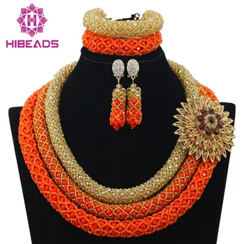 

Best Selling Nigerian Wedding African Beads Jewelry Set Gold Coral African Costume Women Jewelry Set Free shipping WA047