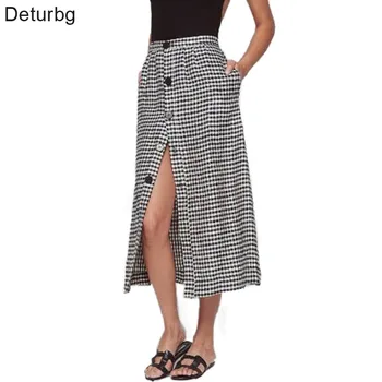 

Women's Vintage Black&White Plaid Skirt Female Casual High Waist Single-breasted Buttoned Cotton Midi Skirts 2018 Spring SK187