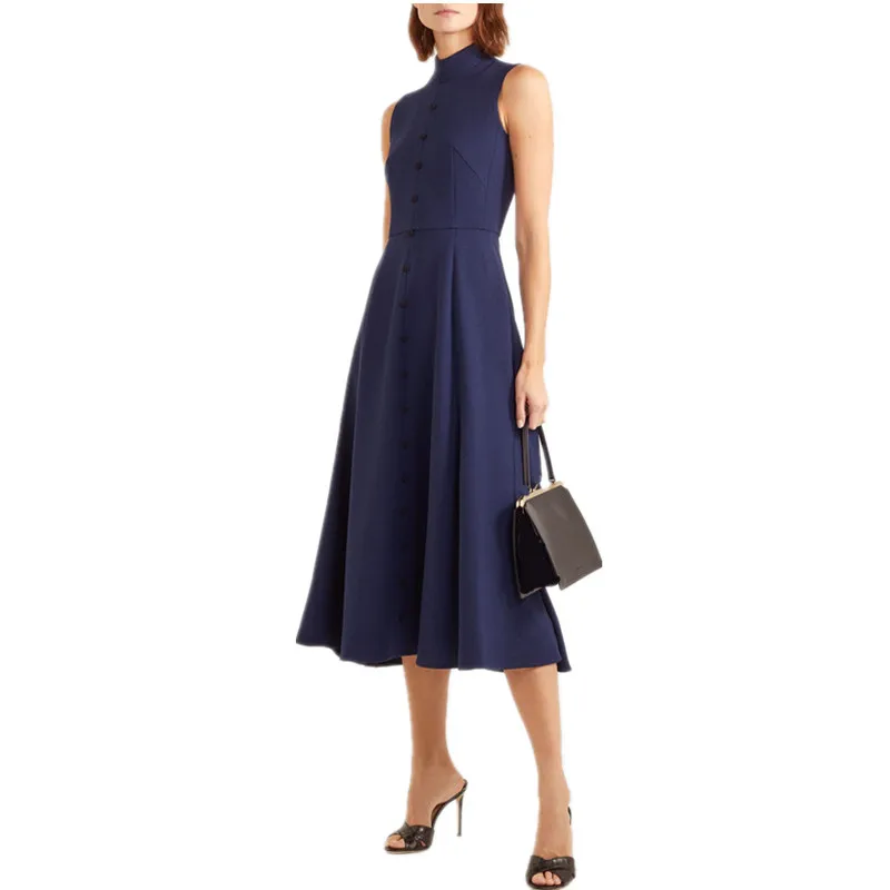 

UK Brand high quality 2019 Women Spring Summer Autumn Dress Casual OL Office Navy A-Line Long Dress Robe Femme Ete Vestidos