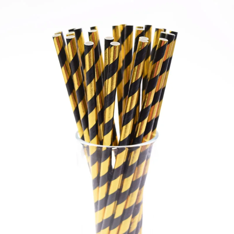 

25PCS Foil Striped Paper Straw Gold And Black Disposable Straw Birthday Wedding Decorative Party Event Drinking Straws