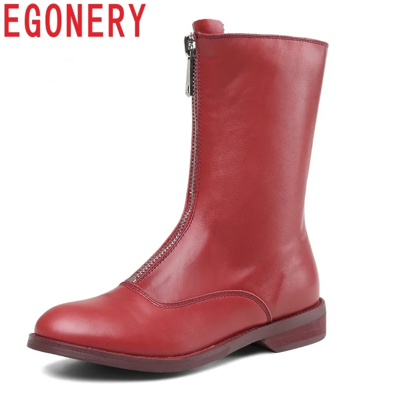 

EGONERY shoes women 2018 new concise casual genuine leather zip round toe low square heel three colors large size mid calf boots