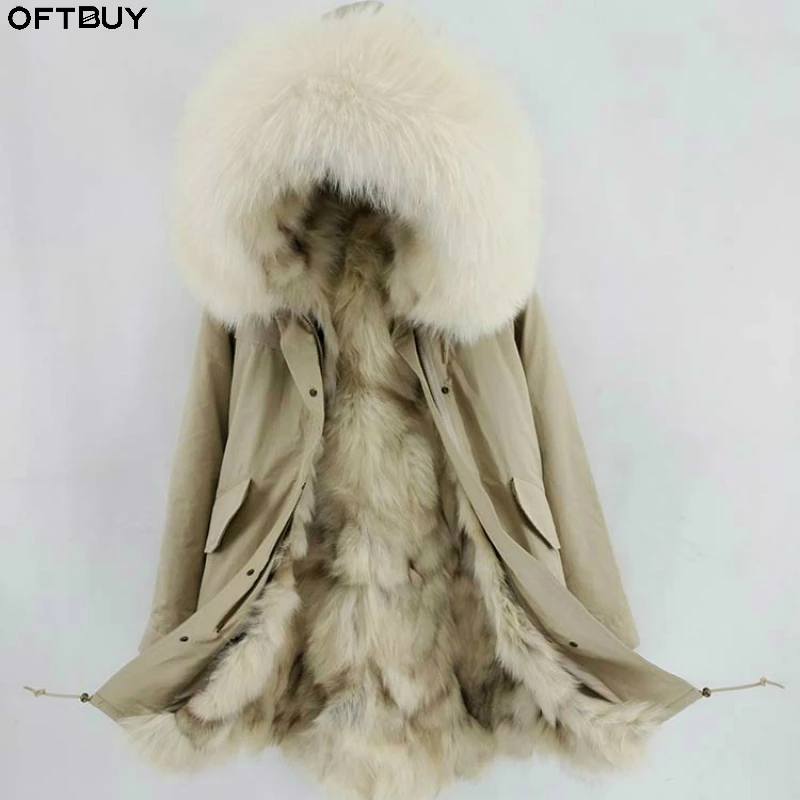 Женская Шуба OFTBUY длинная меховая парка с воротником из натурального меха енота