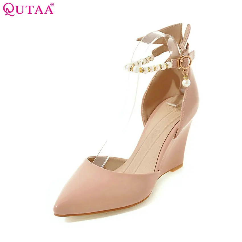 QUTAA 2018 Women Pumps Summer Ladies Shoe Wedge High Heel PU Leather White Pointed Toe Beading Woman Wedding Shoes Size 34-43 QUTAA 2018 Women Pumps Summer Ladies Shoe Wedge High Heel PU Leather White Pointed Toe Beading Woman Wedding Shoes Size 34-43