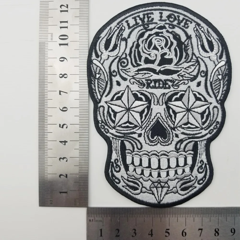 Halloween Black and White Live Love Sugar Skull Embroidered Patch Iron on Motorcycle Biker Patch (2)
