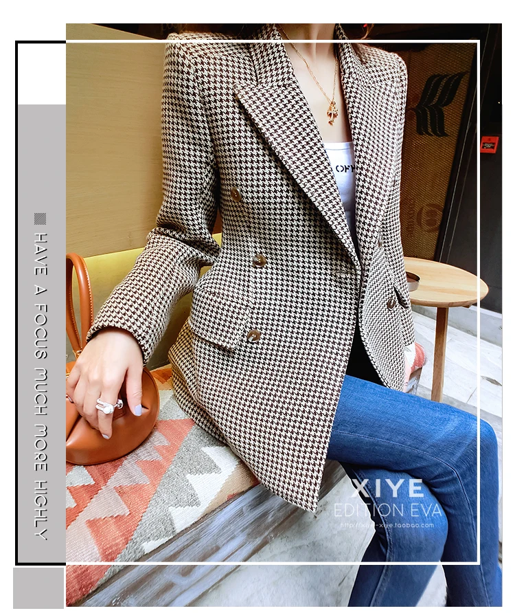 Брендовый Блейзер, высокое качество, дизайнерский клетчатый пиджак, женский двубортный Тонкий Блейзер в клетку, B954