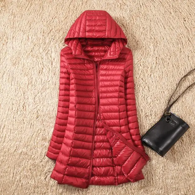 Пуховик на 90% белом утином пуху, Женский светильник, тонкое теплое длинное зимнее пальто, женское корейское тонкое пальто со стоячим воротником, Женская куртка-пуховик - Цвет: Red Hooded