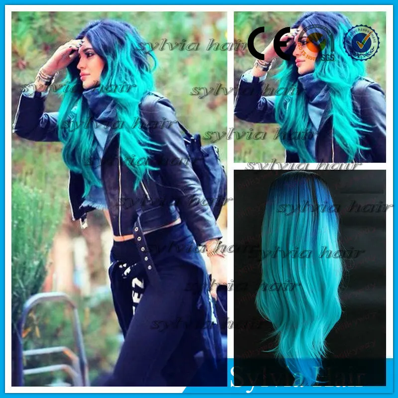 

Hot Sales african american premium synthetic cosplay wigs ombre blue lace front wig heat resistant fiber dark black root