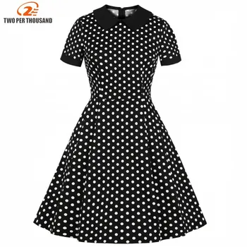 

2019 Summer Cotton Short Sleeves Black Polka Dot Dress Women Elegant Party Vintage Fashion 1950 S Swing Casual Retro Day Clothes