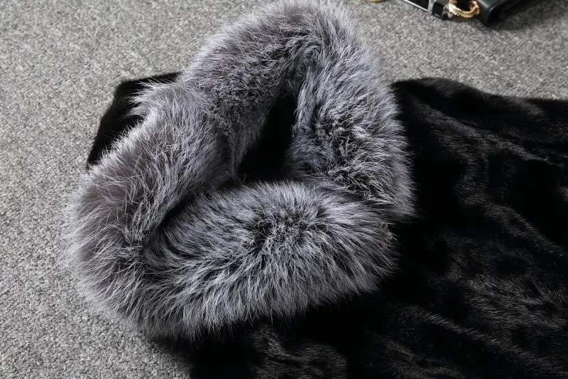 Роскошное меховое пальто для женщин с воротником из меха серебристой лисы, с капюшоном, норковая шуба, пальто средней длины размера плюс S-6XL, зимнее пальто черного цвета