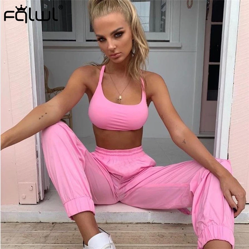 

FQLWL Streetwear Two Piece Set Women Outfits Backless Pink Crop Top and Pants Women Track suit Casual Ladies Summer Matching Set