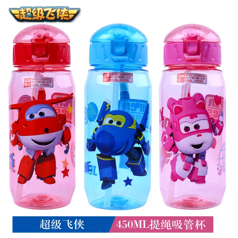 

Children's Water Bottle 450ml Rope Straw Bottle Plastic Kettle Super Flying Cartoon Cute Student Drinking Water Supplies