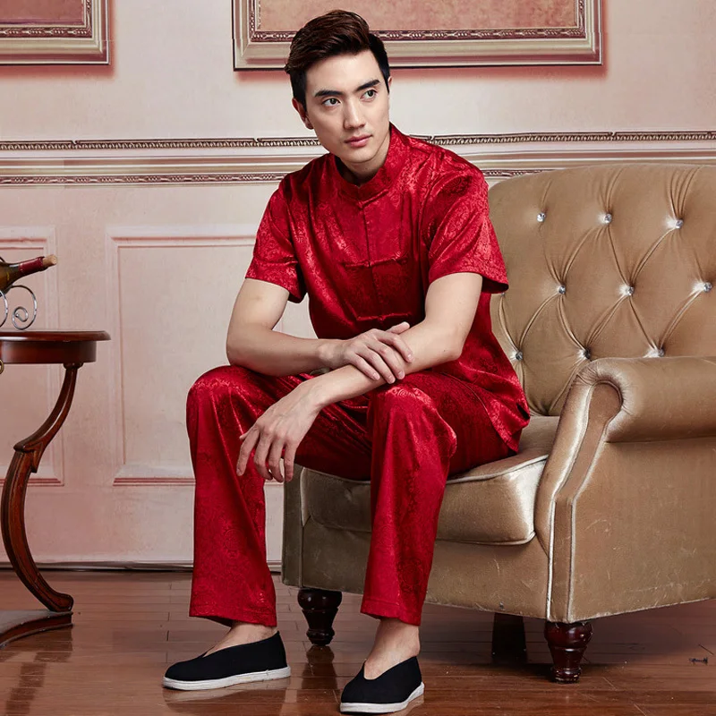 Красный китайский традиционный Мужской Шелковый атласный с коротким рукавом Shadowboxing кунг-фу куртка костюмы наборы M L XL XXL 3XL WNS 01