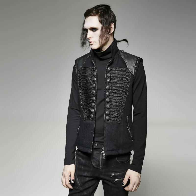 Steampunk Winter Zwarte Mode Militaire Uniform Stijl Zwart Donker mannen Vest Mouwloos Mannen Jas Vest