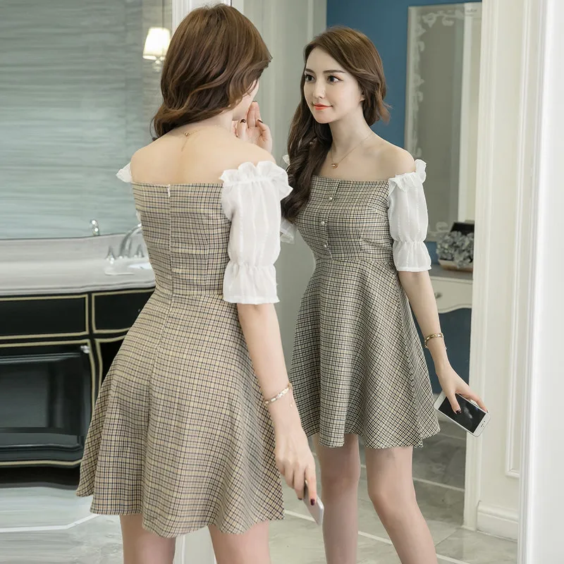 2018 Summer New Women Fresh Lattice Feifei Sleeve Dress Short Fund Leisure Time Vest Fashion A-line Dress