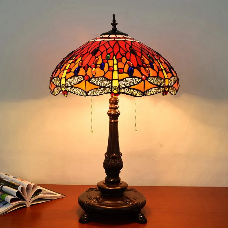 45cm European Retro Tiffany Red Dragonfly Table Lamp Stained Glass