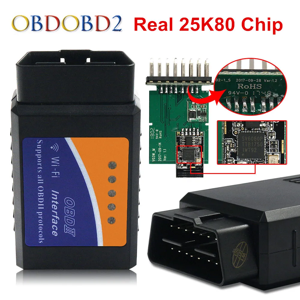Реальный 25K80 ELM327 МГц WIFI/Bluetooth/USB V1.5 ELM 327 для Android Torque/ПК Поддержка всех протоколов