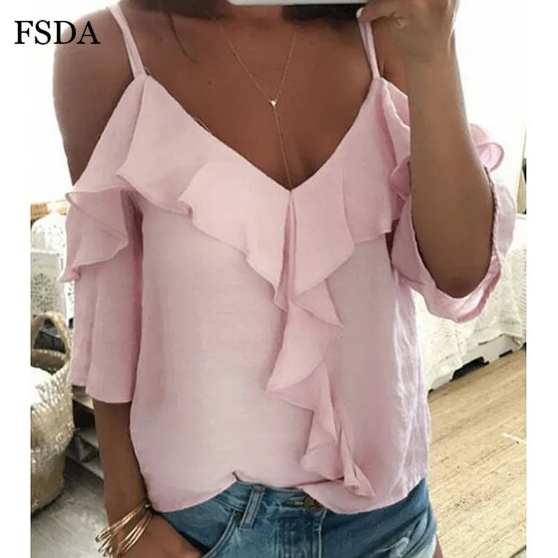 

FSDA Ruched Casual Women Top Ruffle V Neck Backless Spaghetti Strap Beach Butterfly Sleeve Pink Black Summer T Shirt