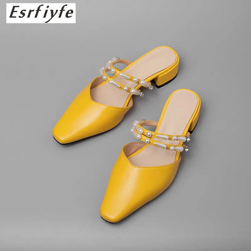 

ESRFIYFE 2019 New Women Shoes Brand Summer Fashion Slippers for Women Genuine Leather Thick Heel Square Toe Muller Shoes Women