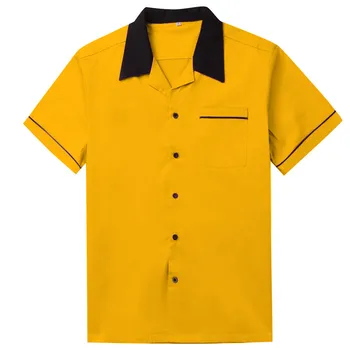 

Vintage Men's Shirts Turn-down Collar Black Button Yellow Shirts Men Short Sleeve Rockabilly Men Clothes Western Bowling Shirts
