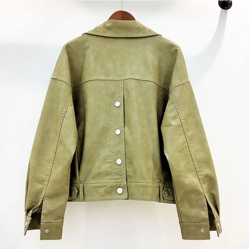 Ftlzz Autumn Faux Leather Jacket Women Loose Turndown Collar Single Breasted Motorcycle Leather Coats