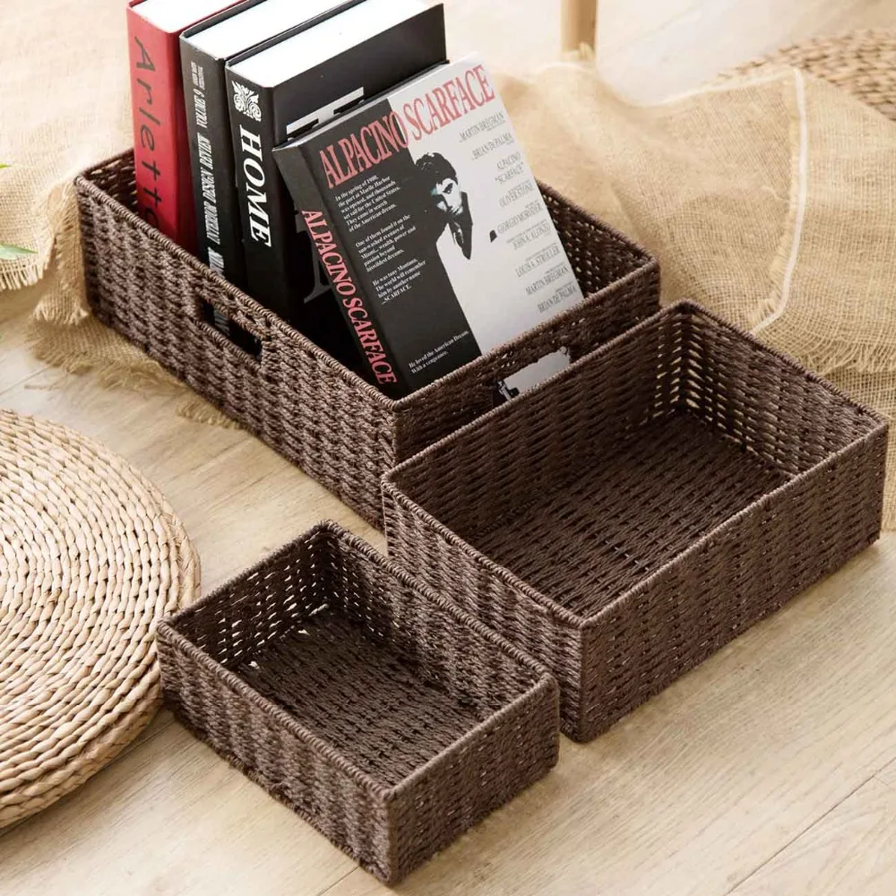 3 размера бумажная веревочная плетеная корзина для хранения рабочего стола прямоугольная коробка для хранения мелочей одежда игрушки книги Органайзер контейнер коробка