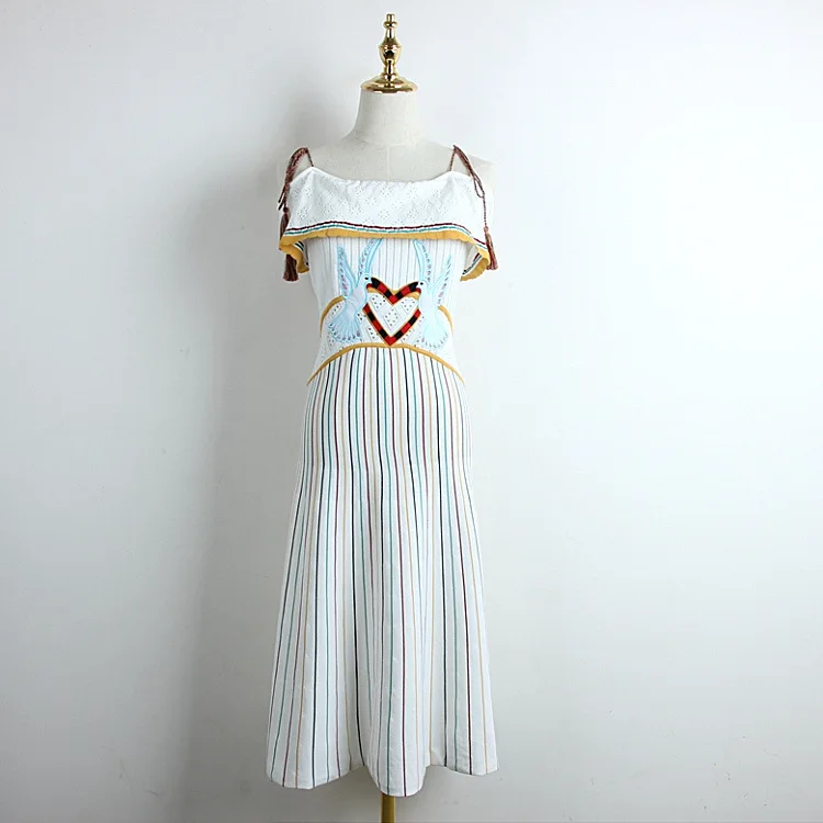 

2019 Summer Sleeveless women Hollow Out sexy Spaghetti Strap Embroidery dress Striped knitted Beach Ruffle Casual Striped dress