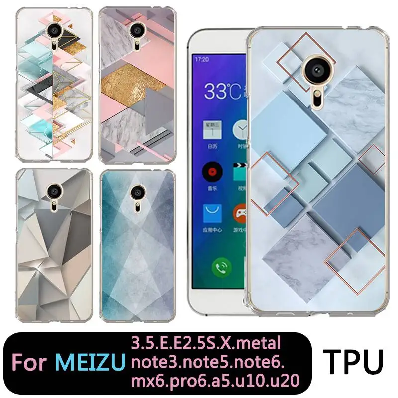 

QMSWEI TPU Soft Phone Case For Meilan MX6 pro6 u20 E2 m3 M5 M5s metal Note3 U10 Clear Grid Triangle Marble Printed Design Cover