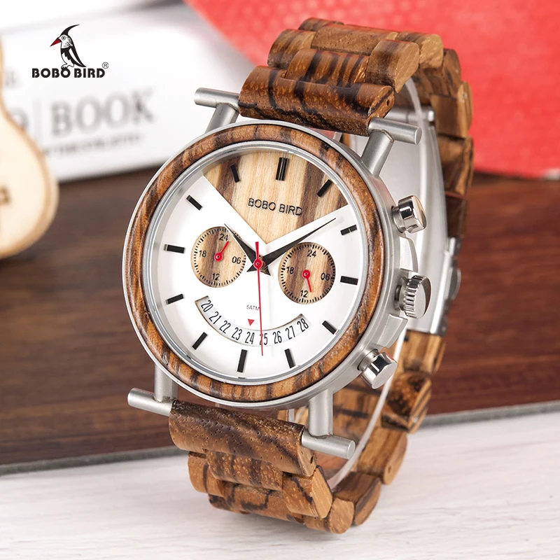 BOBO BIRD Men Watch Waterproof Wood Stainless Steel Wristwatch with Date and Multiple Time Zone relogio masculino V-R06