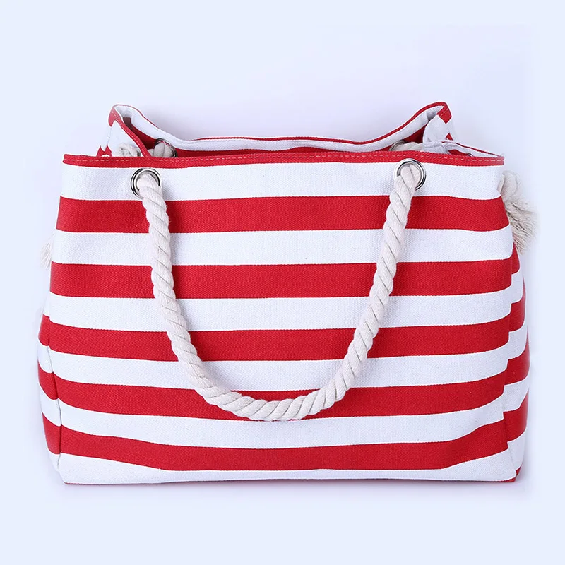 Women Travel Shopping Striped Canvas Bag Summer Beach Shoulder Bags Large Capacity Messenger ...