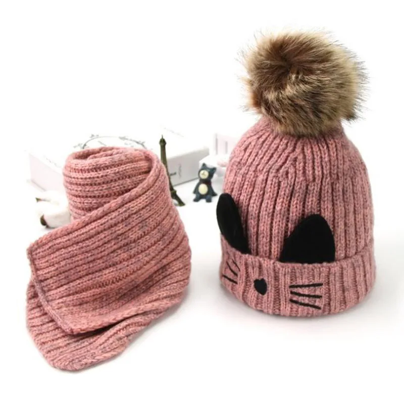 Cartoon cat hairball beanies sets velvet wool kids Child Knitted fur hats winter fur inside 2 pcs baby girl scarf hat set - Цвет: pink