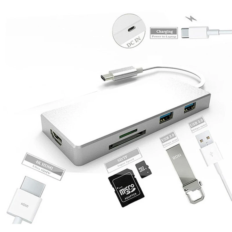 

4K x 2K USB 3.1 Type C to HDMI & 3 Ports USB 3.0 Hub & TF SD Card Reader For Macbook Pro PC Laptop USB C Cable Adapter