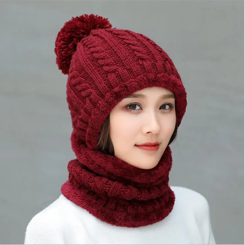 Fleece Lined Warm Beanie Hat Women Knitted Cap Winter Hat Scarf Set ...