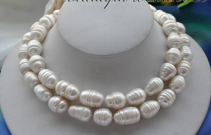 

FREE shipping>>>>z3548 NATURAL 2row 15mm white rice CULTURED PEARL necklace