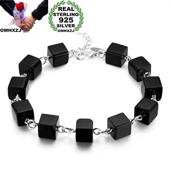 

OMHXZJ Wholesale Personality Fashion OL Woman Girl Party Gift Black Square Agate Beads Chain 925 Sterling Silver Bracelet BR16