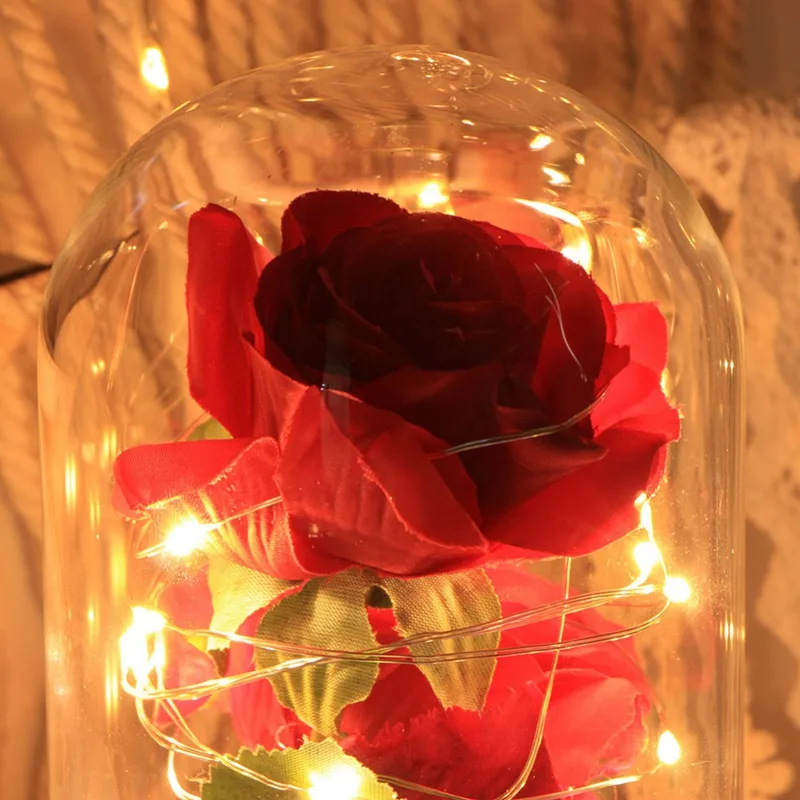 Светодиодный светильник подарок на день рождения зверь красные лепестки розы в стеклянном куполе на пластиковой основе для рождественских подарков на день Святого Валентина