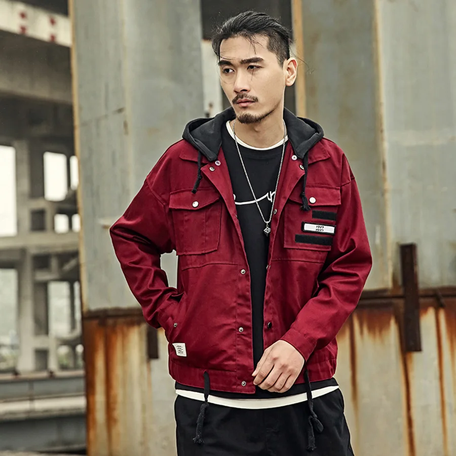 Hip Hop Men Jacket Casual Hooded Japanese Harajuku Streetwear Jacket Windbreaker Cargo Red High Street Coat Spring Drop Shipping