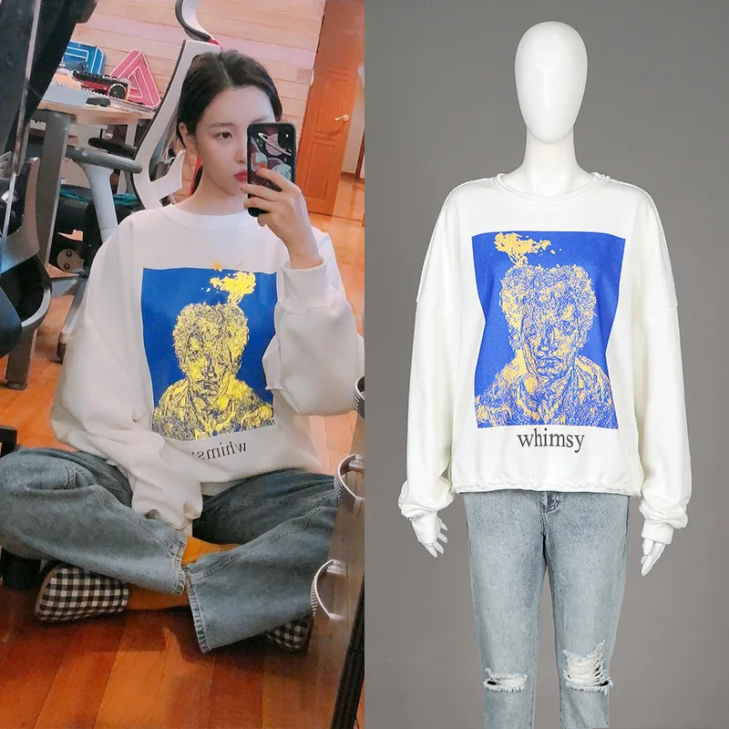 

Li Xuan Beauty Star The Same Fashion Graffiti Print Clothing Woman Spring New Long Sleeve BF Loose Medium 2019 Sweatshirt Women