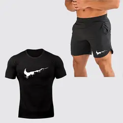 Новый для мужчин летняя Толстовка комплект штаны для бодибилдинга два комплекта спортивной модный бренд логотип печати костюм sportswear2019