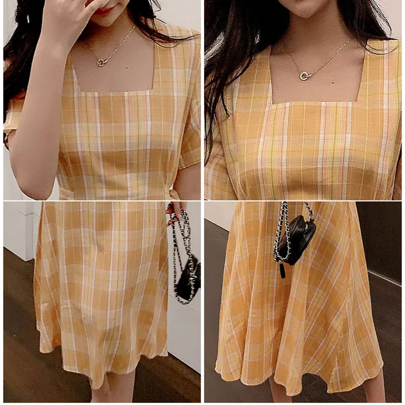 New French retro square collar plaid short sleeved ribbon dress summer waist woman A word big dress dress belt various methods