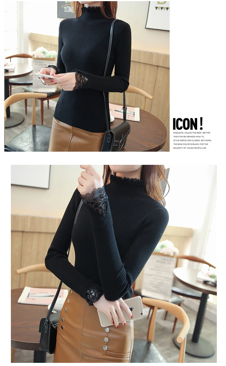 Half-high collar sweater women spring new sweater slim bottoming sweater short paragraph solid color lace thickening inside