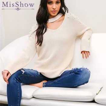 

MisShow Solid Ivory Sexy V Neck Long Sleeve Tops Slim Autumn Sweaters Fashion Shoulder Pearl Beading Pullovers 2019 Jumpers
