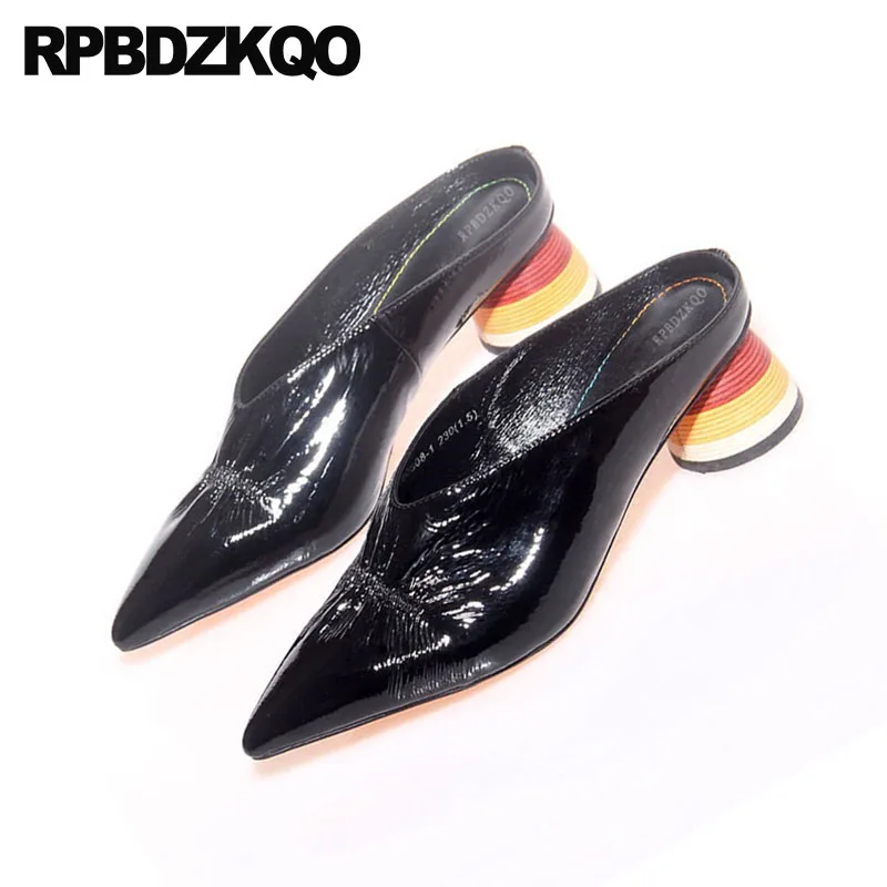 Pompes Sandales jaune Haute Véritable Marque Chunky Pour Noir rouge Bout Verni Femmes Pointu blanc Rouge Noir Moyen En Talons Cuir Mules Pantoufle 2018 Jaune Chaussures ASxqRS0wvf