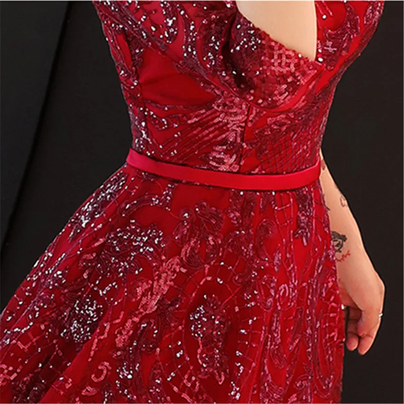 Это YiiYa вечернее платье бордовое с блестками и v-образным вырезом Вечерние платья длина до пола платья для вечеринок LX1335 robe de soiree