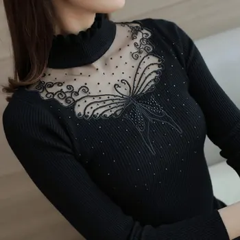 

2019 New Ruffled Female Long Sleeve Pull Femme Turtleneck Sweater Women Autumn Winter Pullovers Butterfly Lace Stitching Sweater