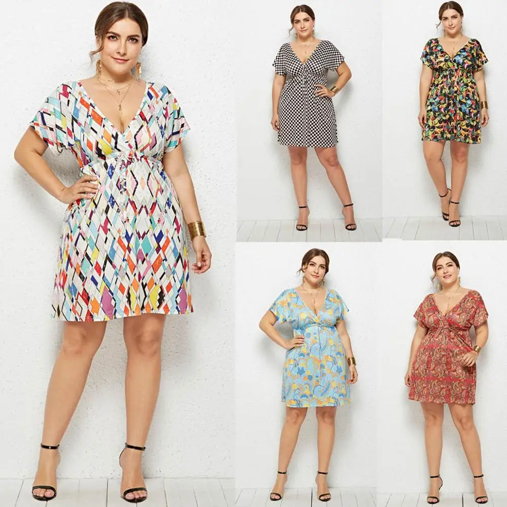 

Plus Size 2019 Printed Plaid Summer Dress Sexy V Cut Short Sleeves Holiday Casual Bohemian Dress eDressU LMT-6021