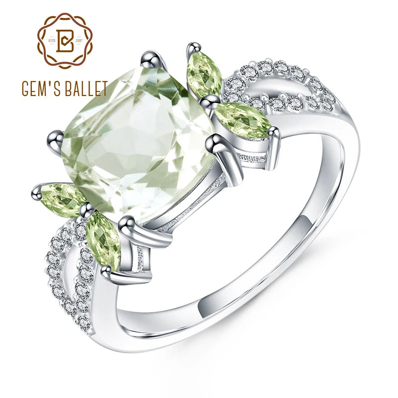 

GEM'S BALLET 3.47Ct Natural Green Amethyst Gemstone Ring 925 Sterling Sliver Wedding Engagement Rings For Women Fine Jewelry
