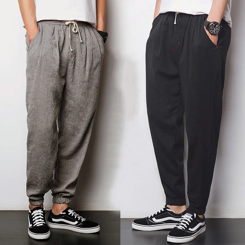 2019 Summer Korean Men's Thin Lantern Pants Linen Pants Cotton Taj pants Loose elastic waist elastic black casual pants